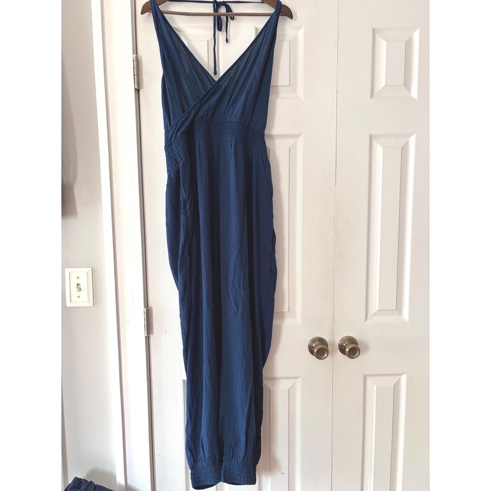 Prana Blue Surplice Halter Jumpsuit Smocked Waist Jogger Leg XL